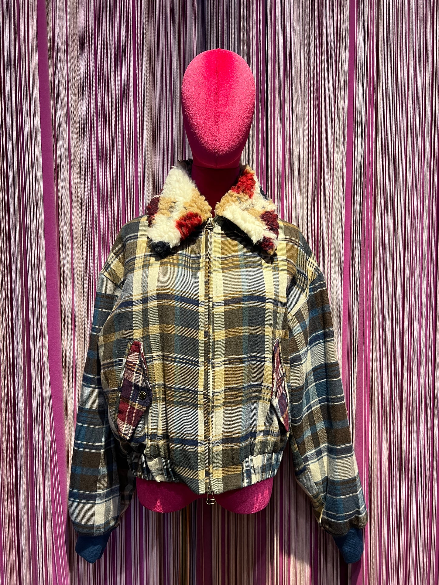 Front street bomber aviatore checked con collo removibile ecopelliccia
