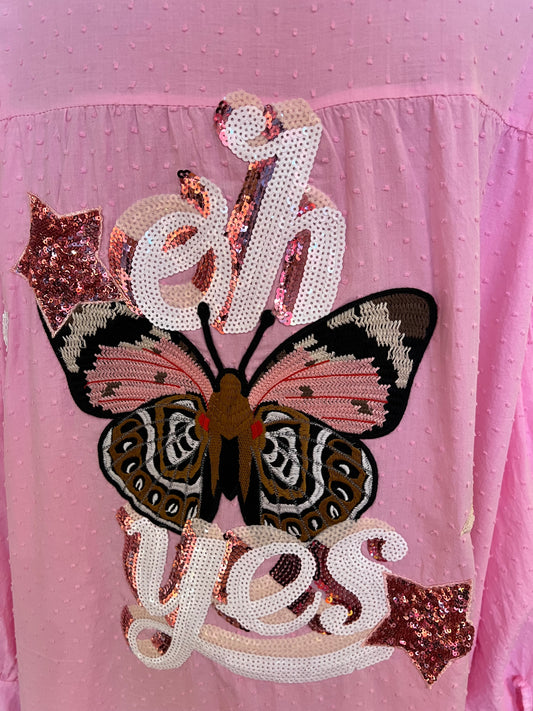 Pds abito cotone lungo rosa aperto avanti patch posteriore farfalla scritta oh yes