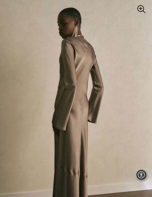 Semicouture abito lungo in satin  , manica lunga svasata