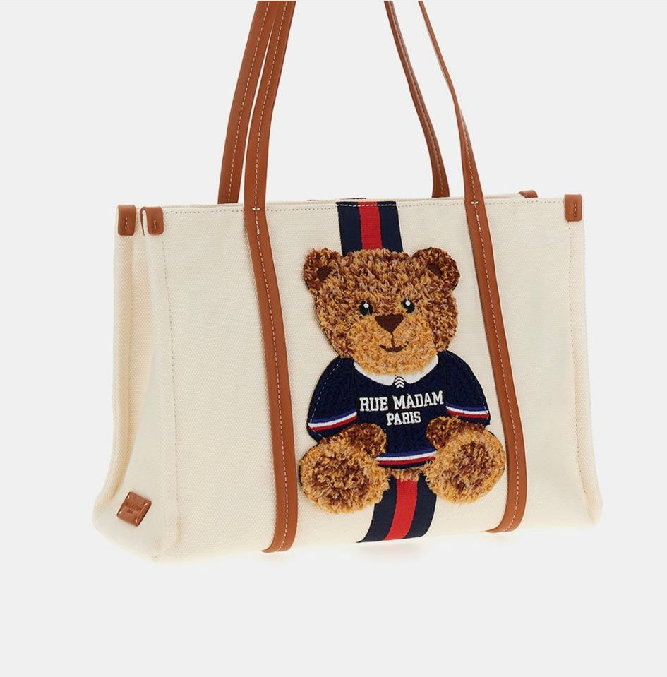 Rue Madam jellystone borsa shopping canvas bianca con teddy