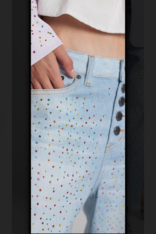 Rossano Perini jeans denim modello loose strass multicolor