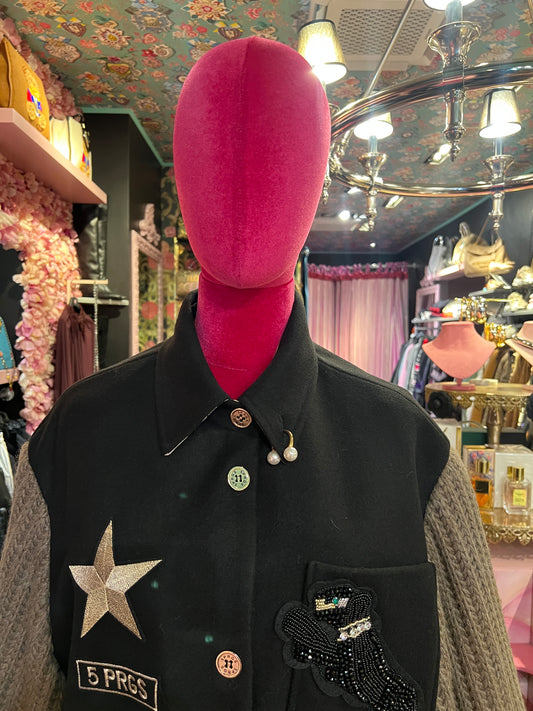 5 Progress cappotto nero con maniche in maglia e patch