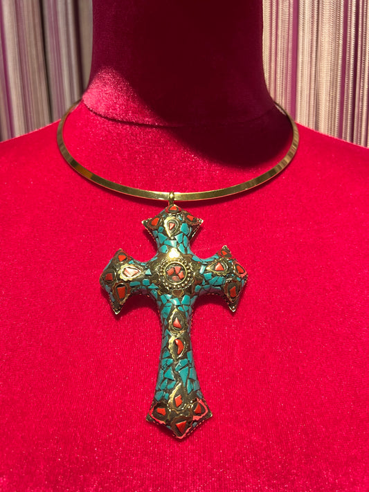 Collana girocollo oro con croce turchese