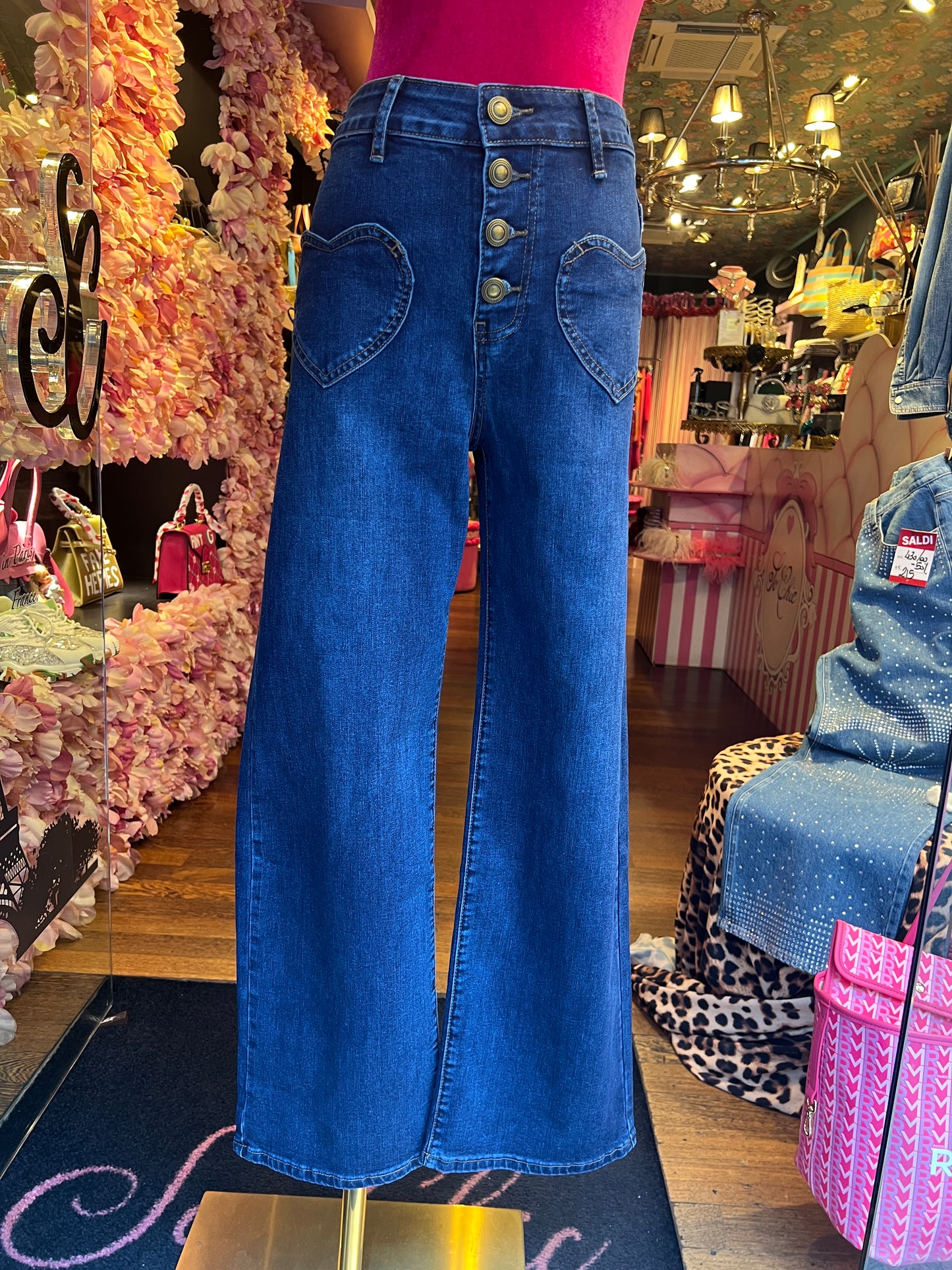 Mon amour Paris jeans a zampa con bottoni tasche a cuore elasticizzato