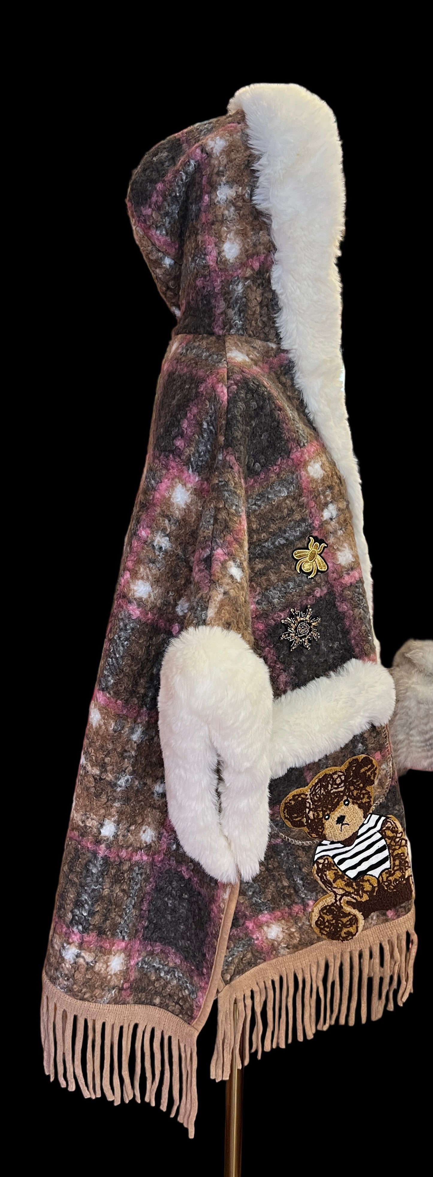 ABpink🩷 mantella boucle fantasia tartan con cappuccio, interno in ecopelliccia , patch teddy