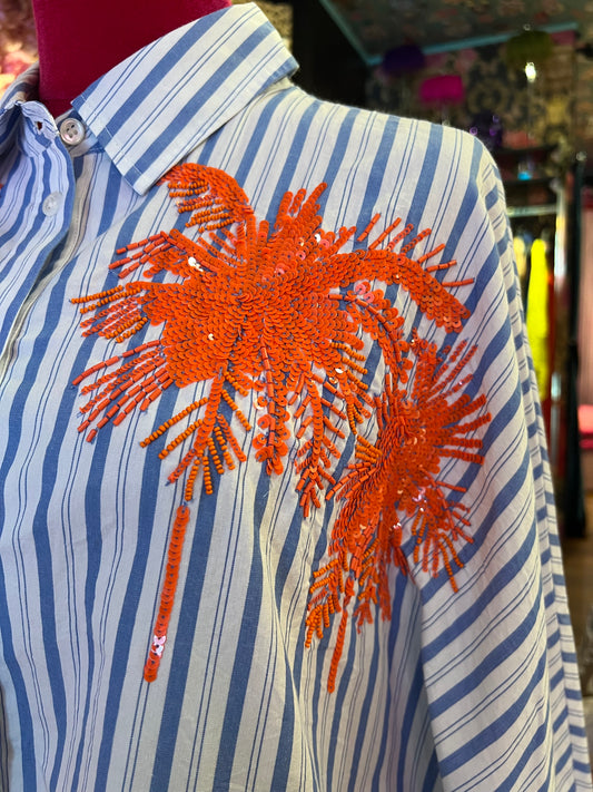 Essentiel antwerp camicia m/l righe celeste cotone ricamo palme arancio Fresh
