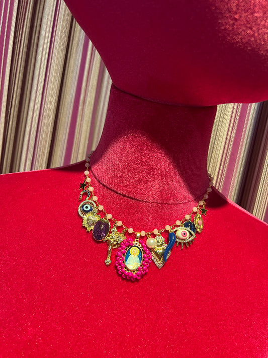 Principessa Glam collana girocollo perline rosa cornetto blu immagine sacra perline fucsia