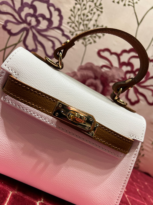 Borsa a mano pelle bianca con inserti cuoio e tracolla