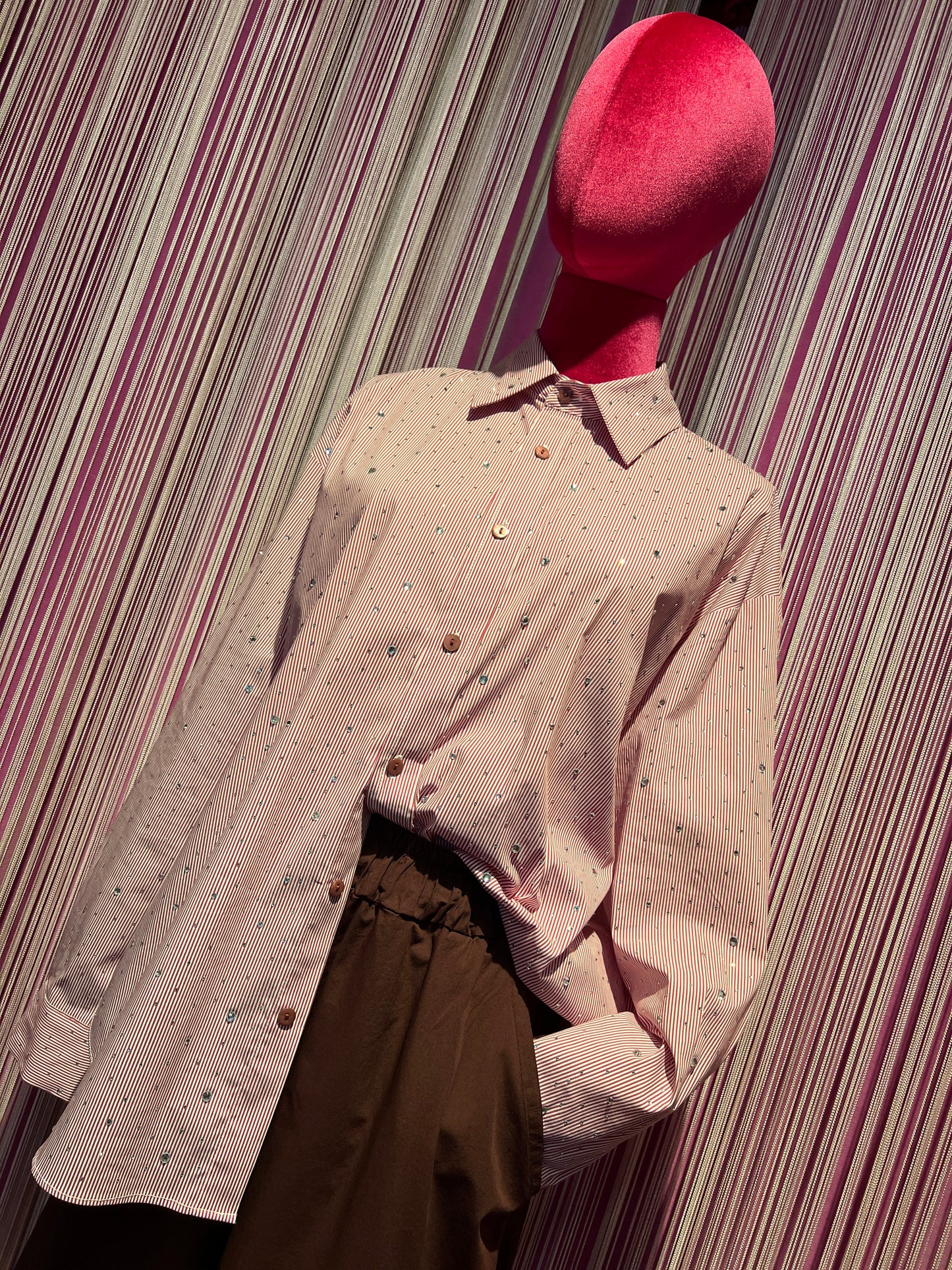 Mon amour Paris completo burgundy camicia righe con cristalli e pantalone gamba ampia e vita con elastico