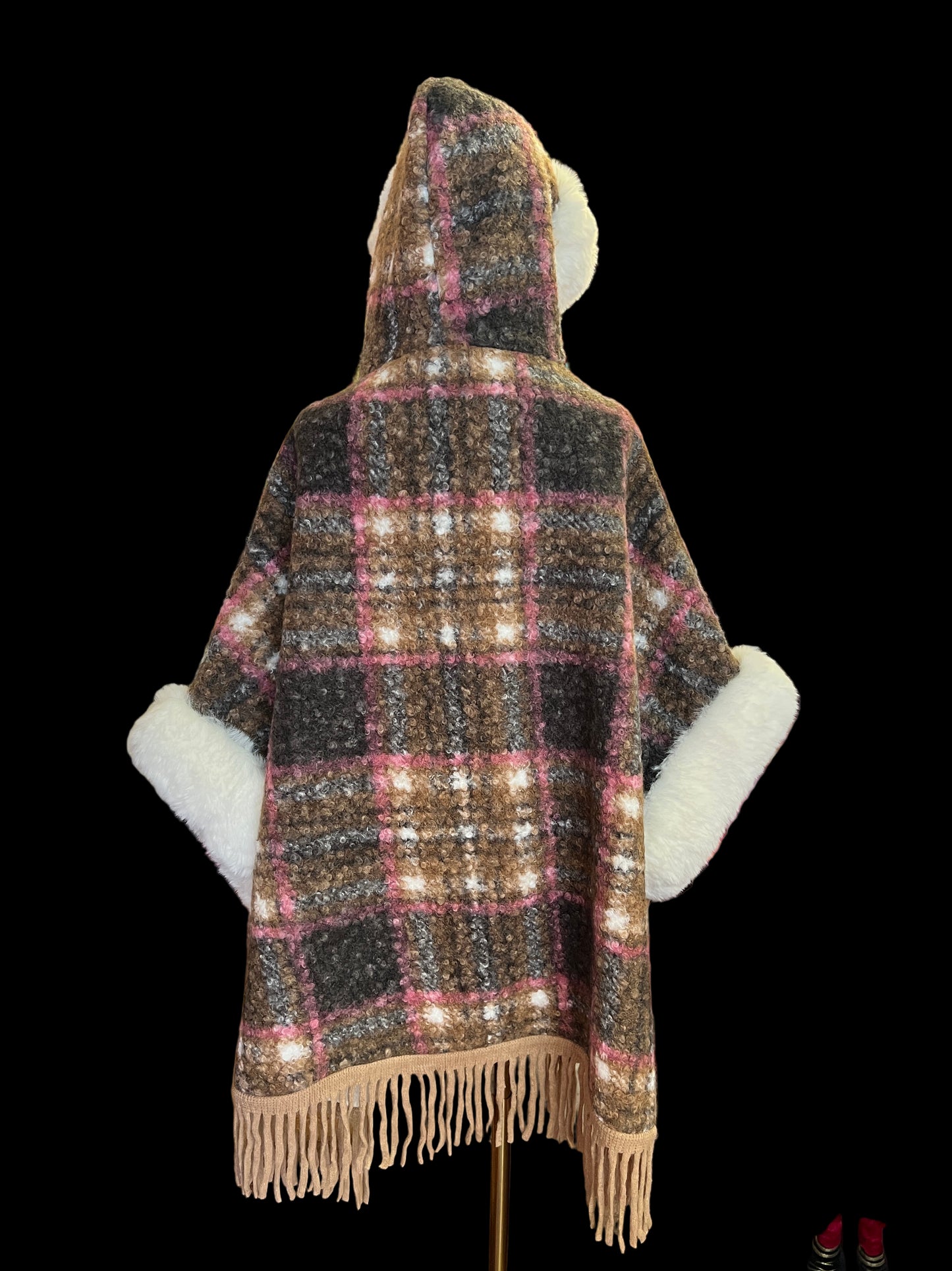 ABpink🩷 mantella boucle fantasia tartan con cappuccio, interno in ecopelliccia , patch teddy