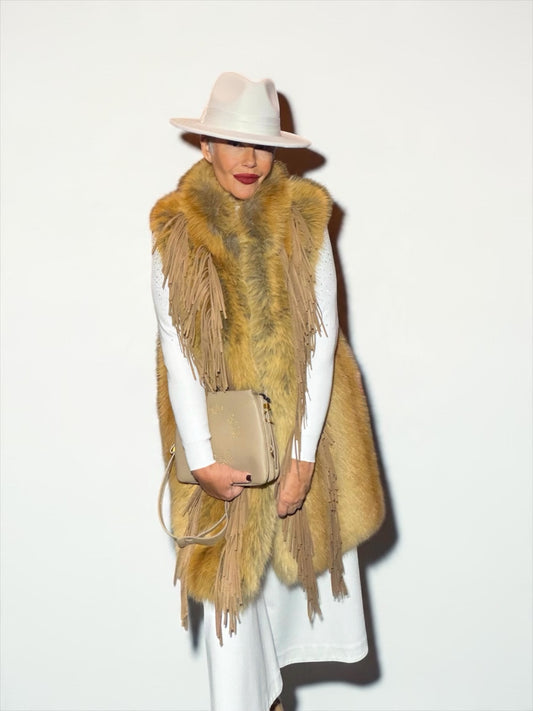 Uncommon gilet di simil pelliccia con frange miele vestibilita’ over