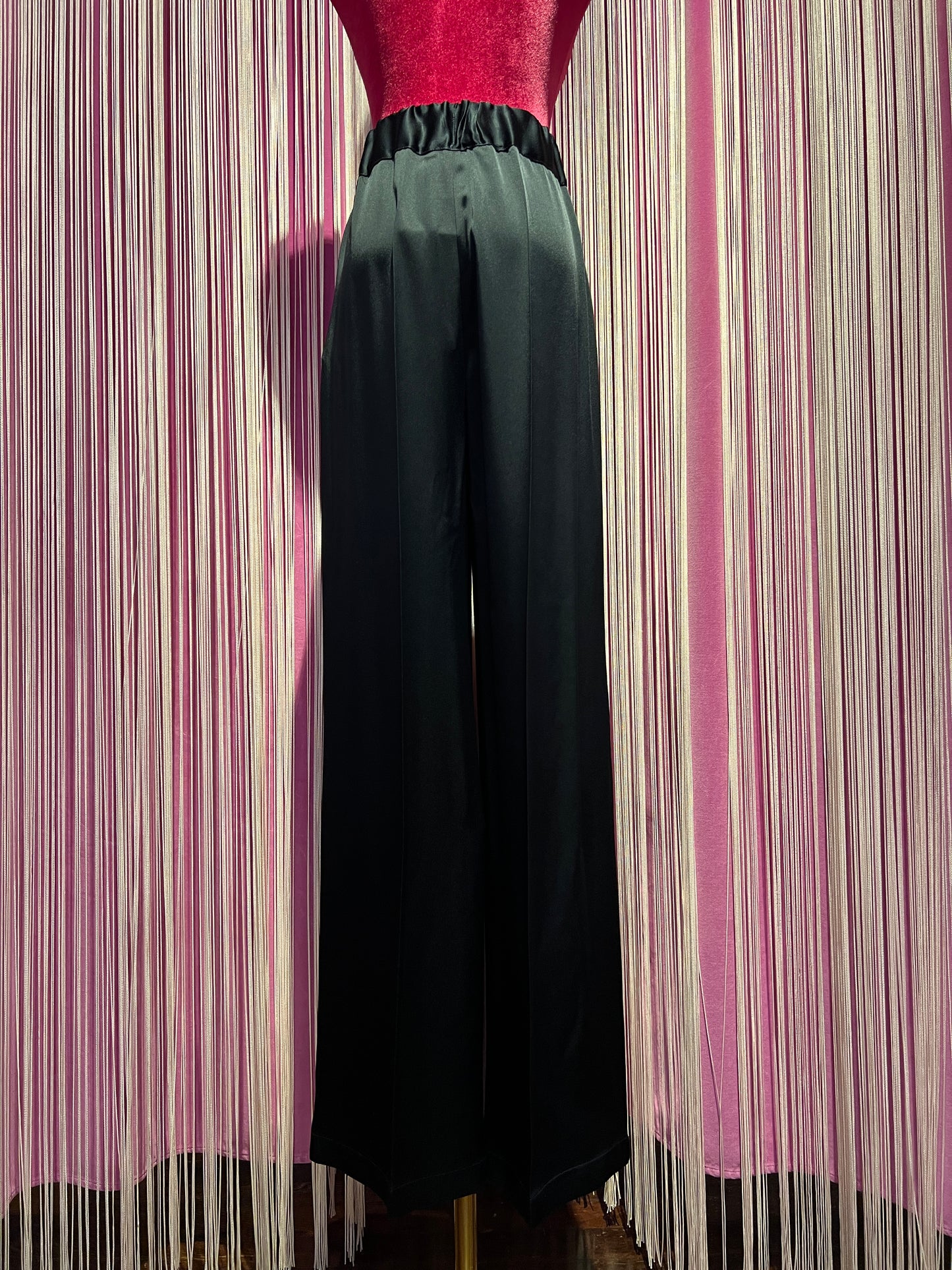 Semicouture pantalone blu notte in satin gamba ampia con elastico in vita