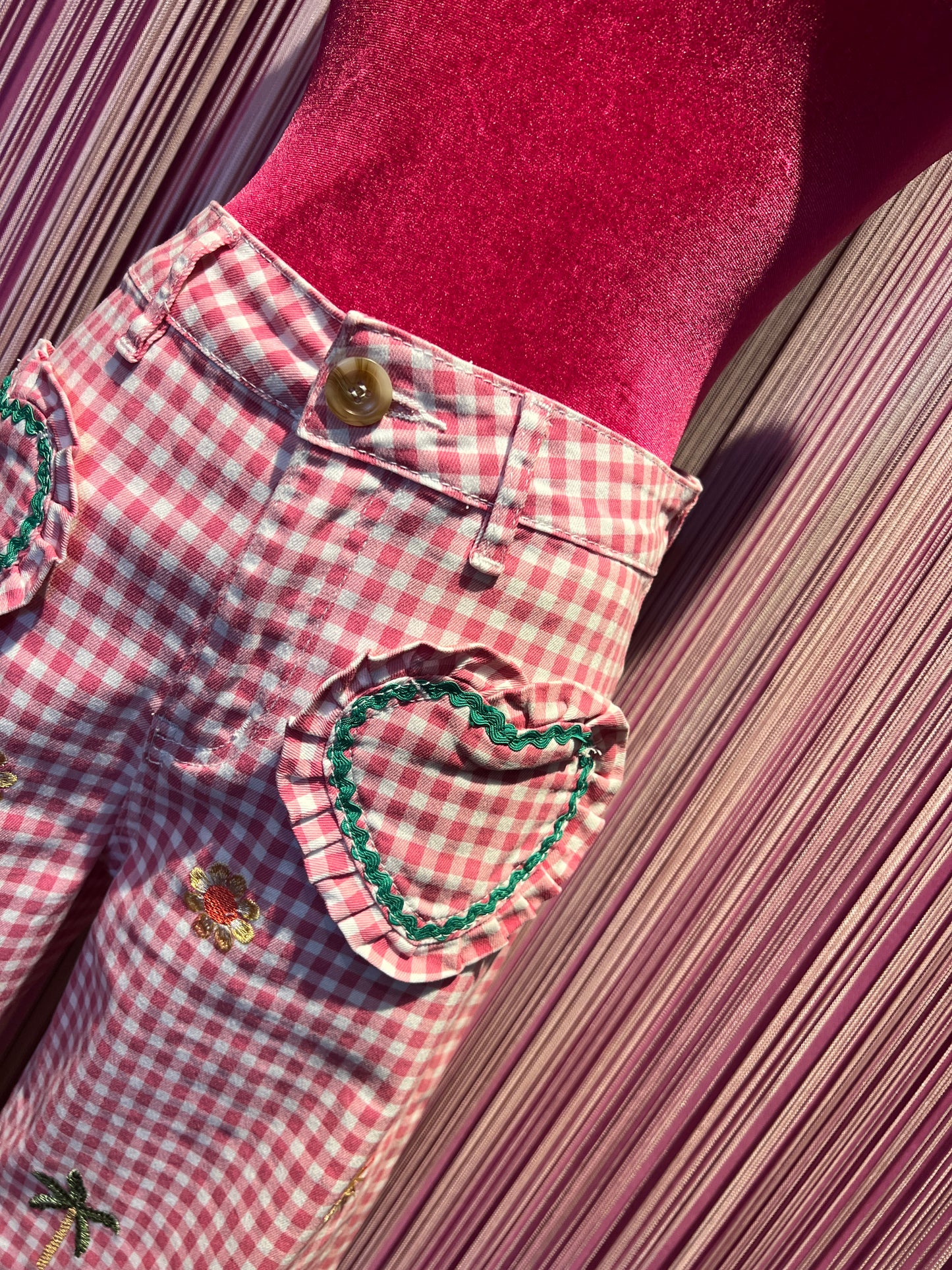 Love & roses pantalone a quadretti rosa e bianco tasche a cuore