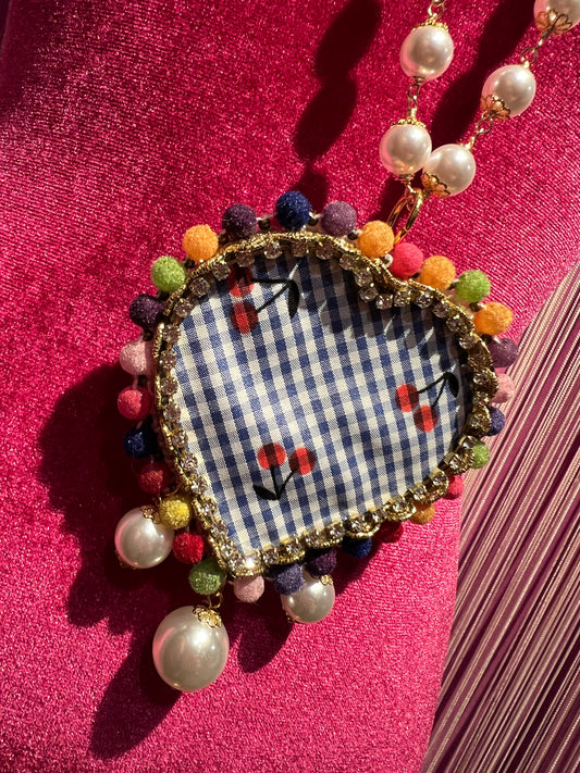 Monilia collana lunga cuore quadretti vichy blu