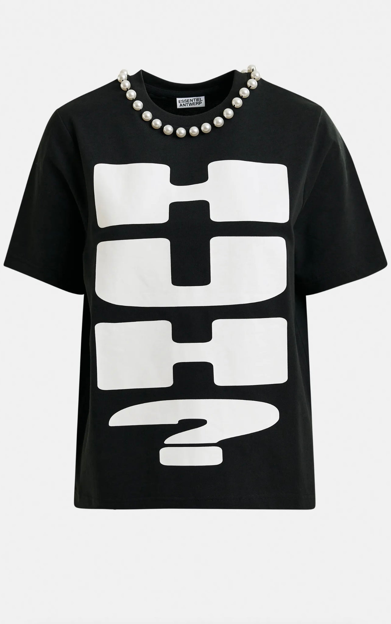 Essentiel antwerp t shirt nera con stampa “ Huh?” e decorazione perle
