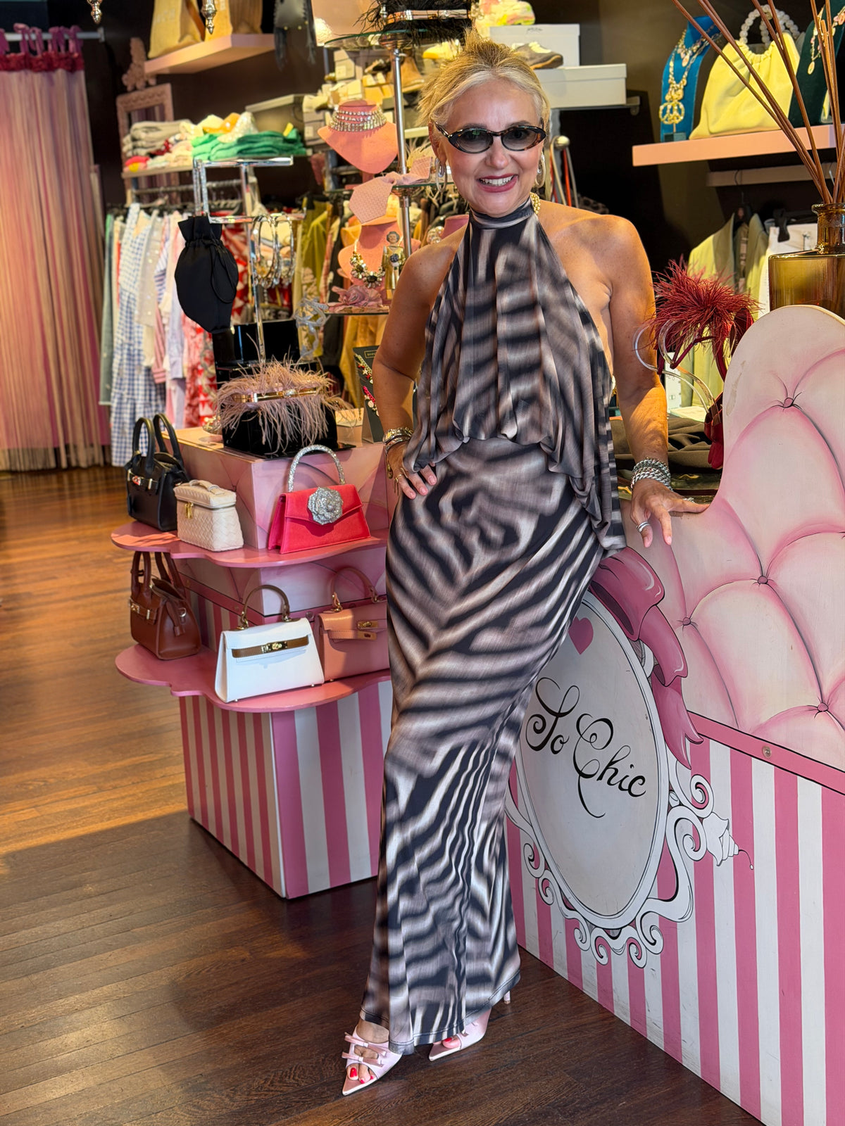 Mon amour Paris abito lungo scollato con elastico in vita stampa animalier