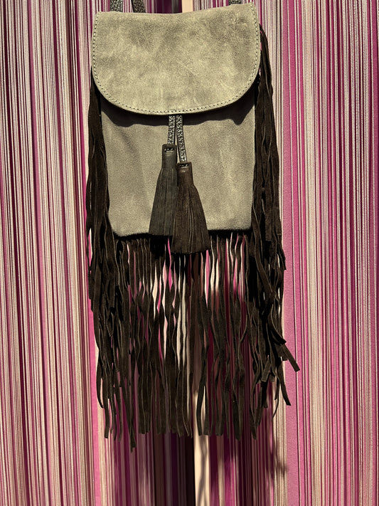 Love & roses tracollina TEXAS in suede con frange nappina e mini pochette, colore beige chiaro