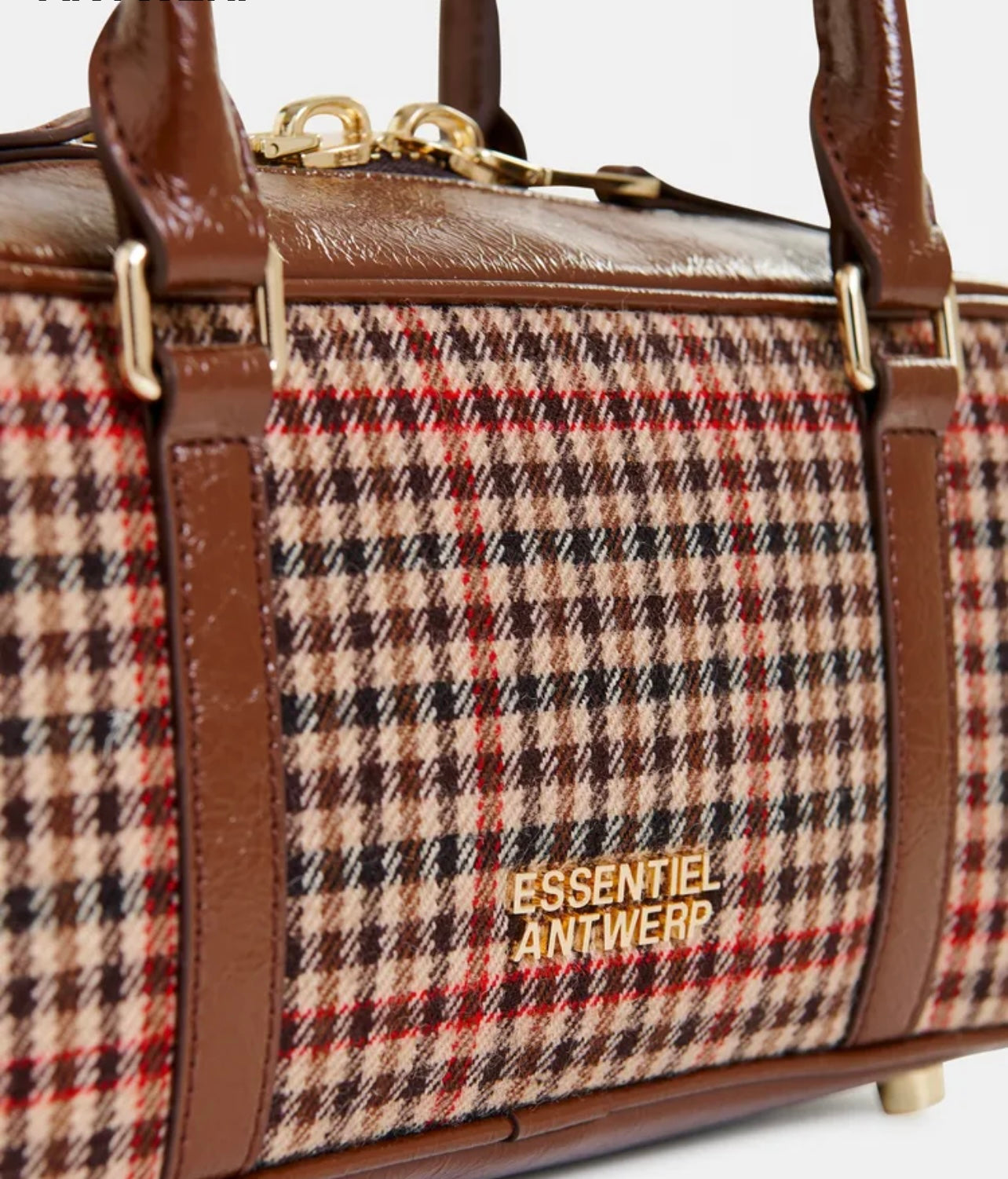 Essentiel antwerp borsa a baguette con tracolla marrone beige e rossa a quadri