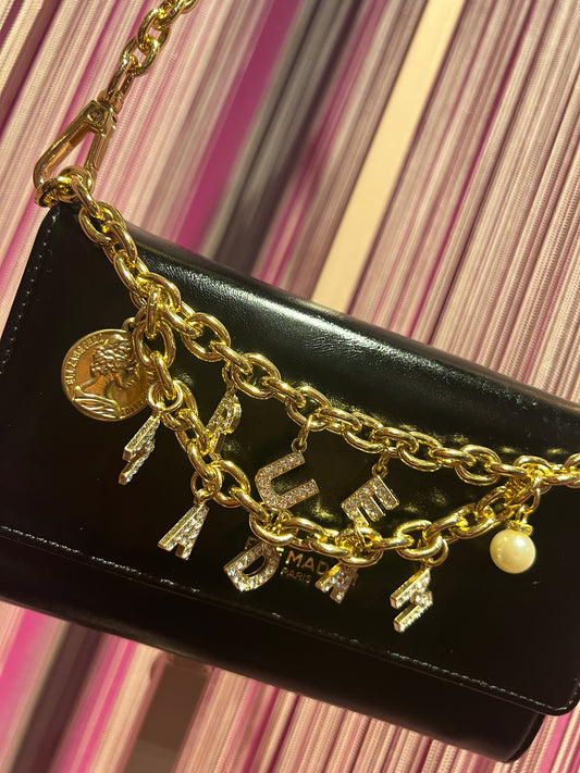 Rue Madam Paris borsa tracollina ecopelle nera con catene oro e charms
