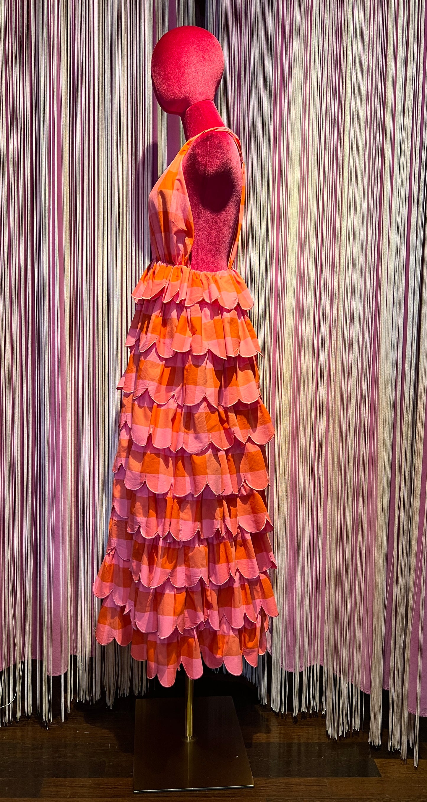 Sundress abito lungo a balze scollato arancio  e rosa