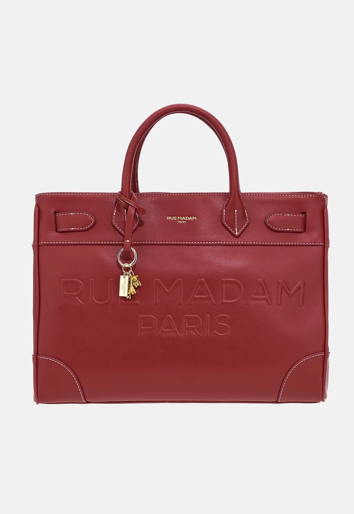 Rue Madam Paris borsa due manici in morbida pelle vegana   rosso barolo con logo in rilievo ,tracolla