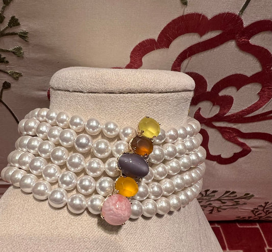 Manuela Ajo creazioni choker perle di Maiorca con pietre dure rosa gialle grigie