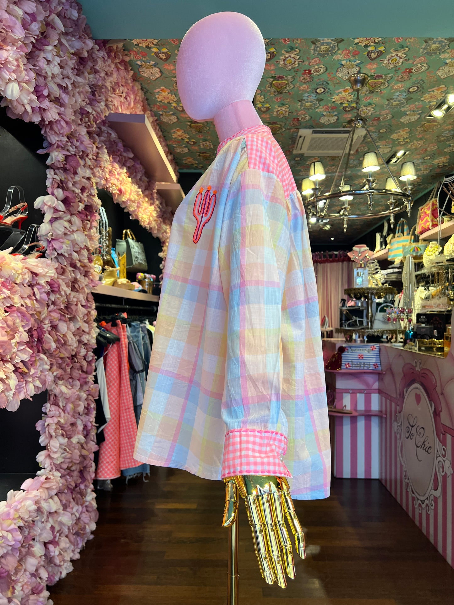 Mon amour Paris camicia fantasia quadri rosa celeste gialla con ricami flou