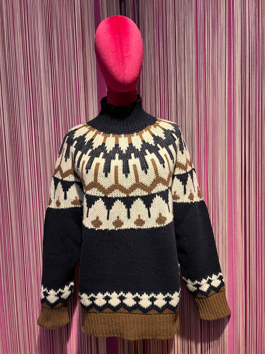 Ermanno Scervino maglia collo alto con motivi geometrici su sfondo blu e decorazioni cristalli