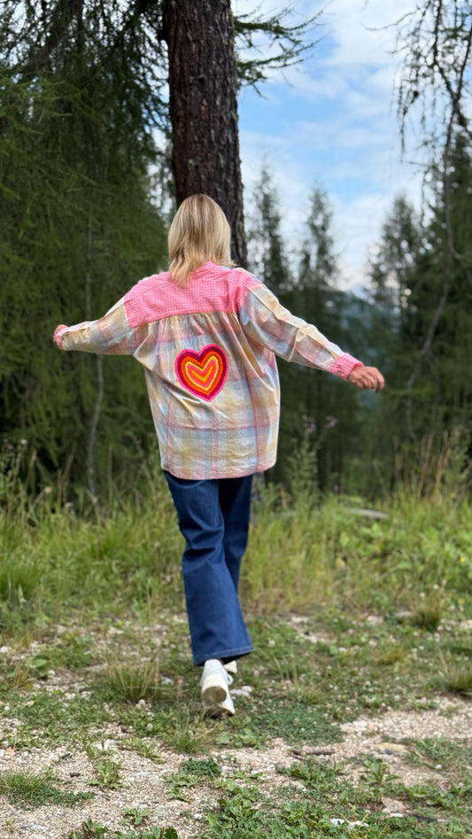 Mon amour Paris camicia fantasia quadri rosa celeste gialla con ricami flou