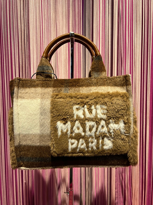 Rue Madam borsa mini due manici mini con tracolla fantasia tartan panna / marrone tasche esterne eco pelliccia