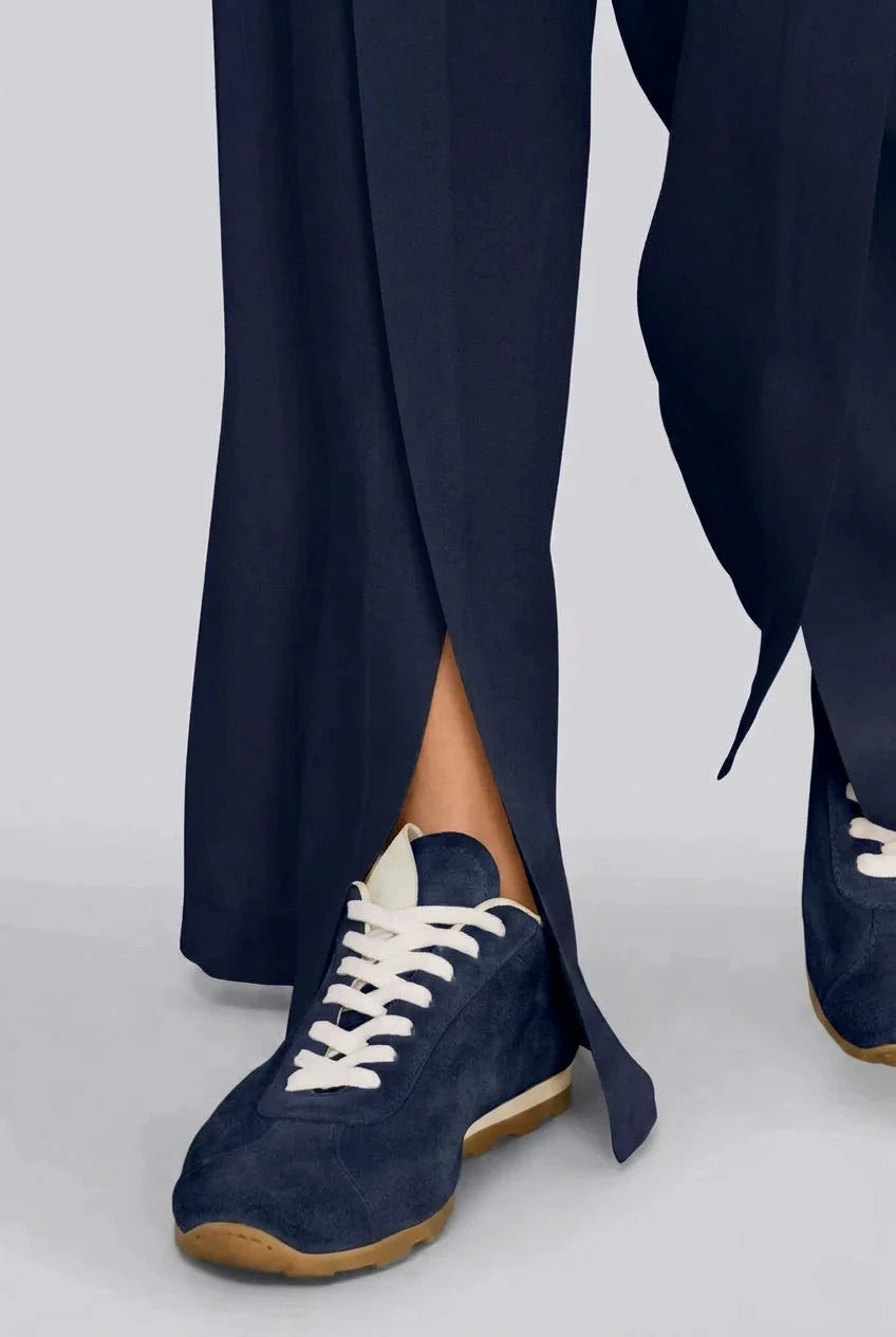 Semicouture pantalone blu in satin spacco sul fondo , gamba dritta