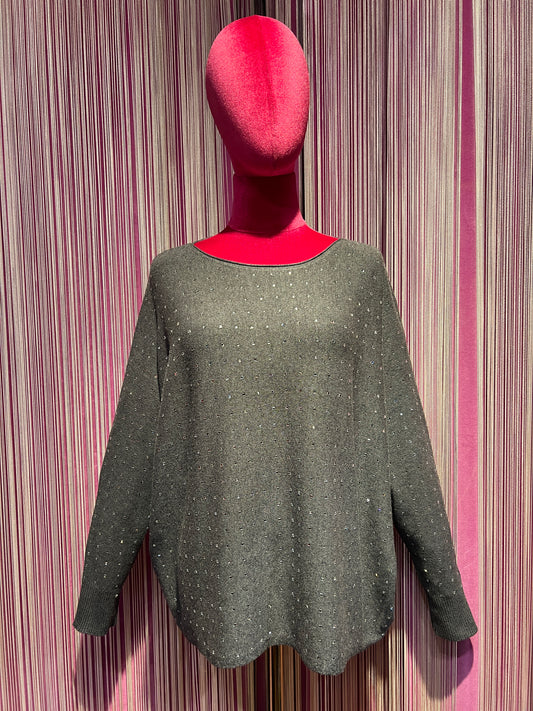 The room maglia over  girocollo grigia con cristalli