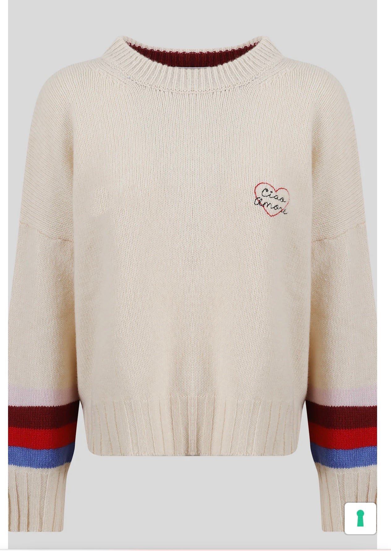 Giada Benincasa maglia girocollo oversize con cuore mini logo ricamato “ Ciao amore” maniche a righe