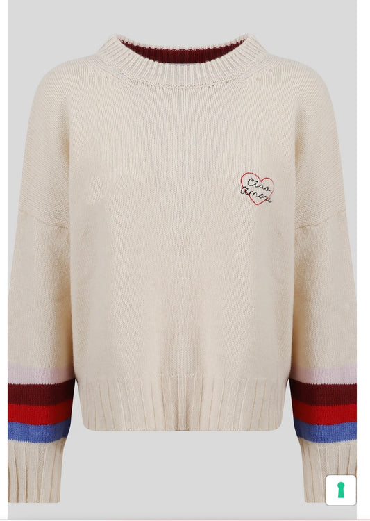 Giada Benincasa maglia girocollo oversize con cuore mini logo ricamato “ Ciao amore” maniche a righe