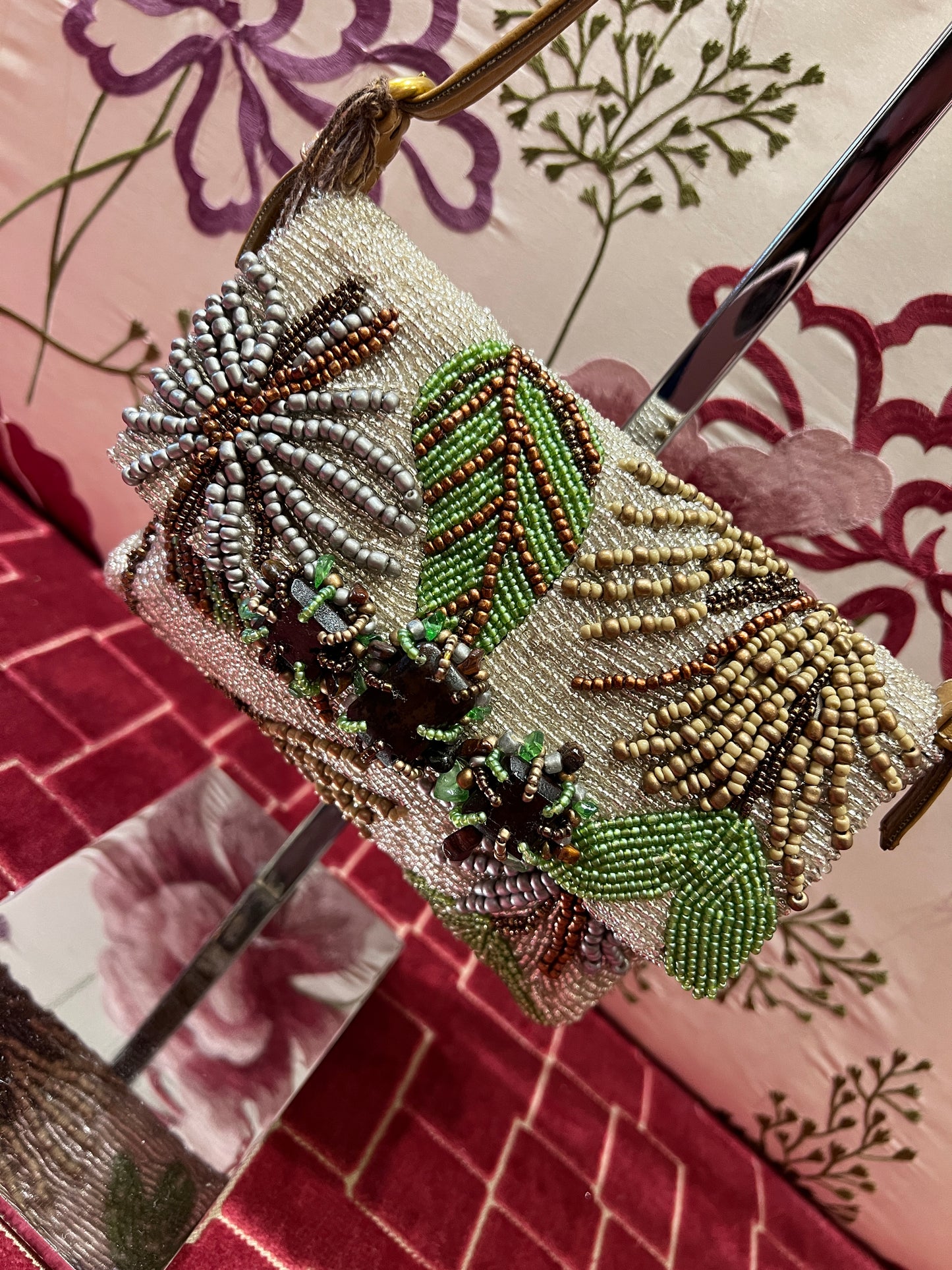 Maliparmi borsa piccola perline argento beige e verde