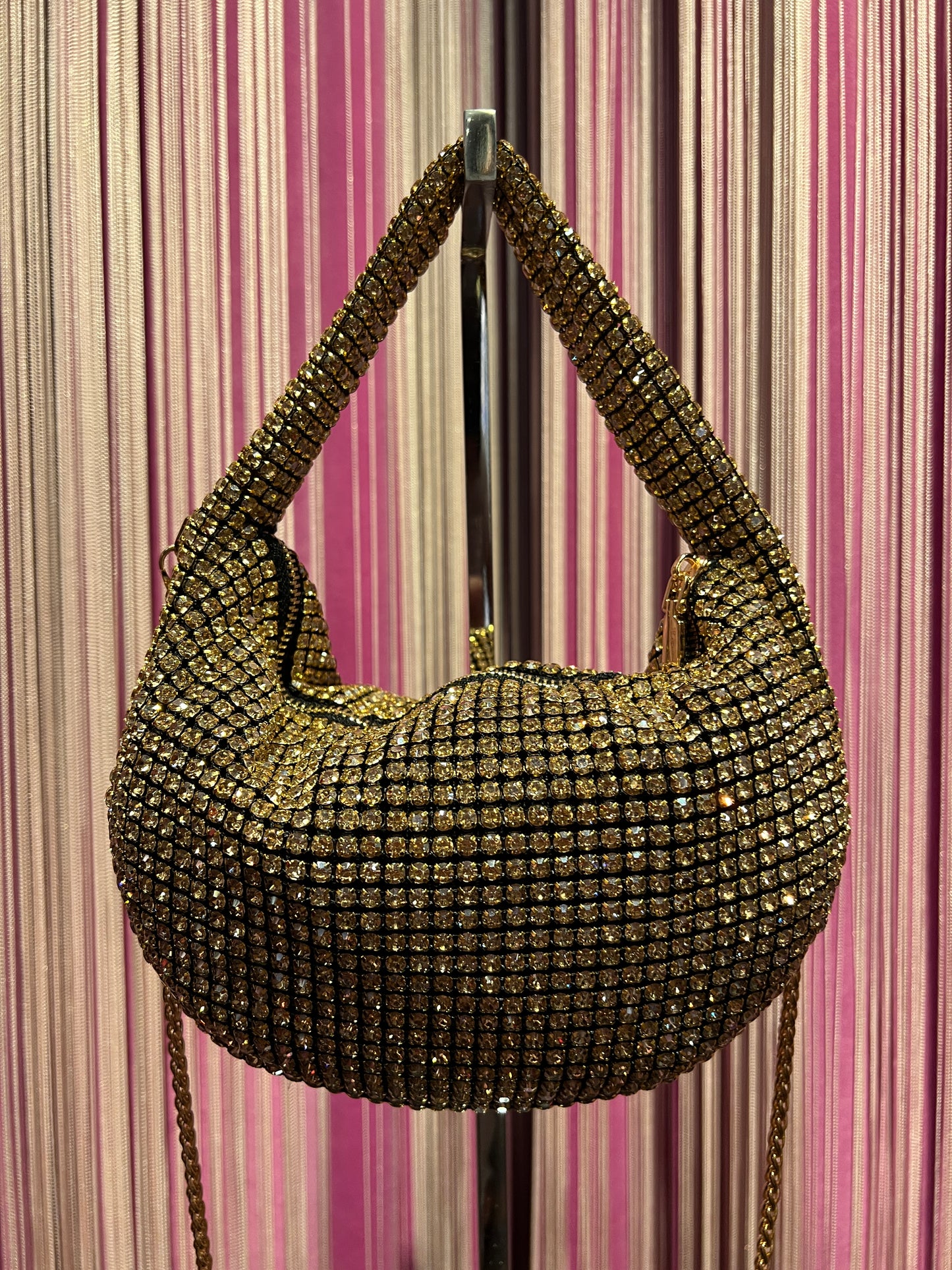Love & roses borsa a mano full strass con tracolla metallica Gold