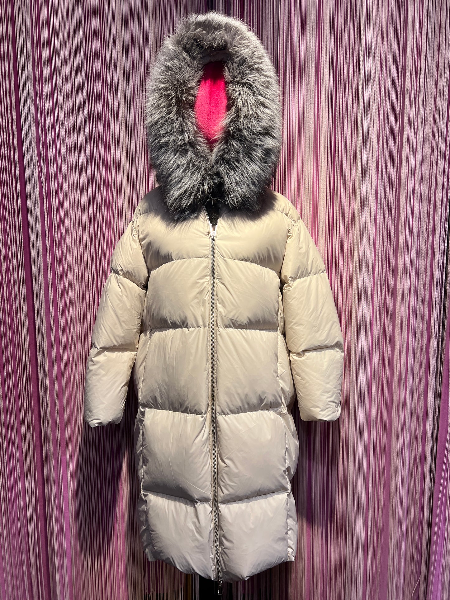 The room piumino lungo piuma d’oca con cappuccio,collo pelliccia rimovibile