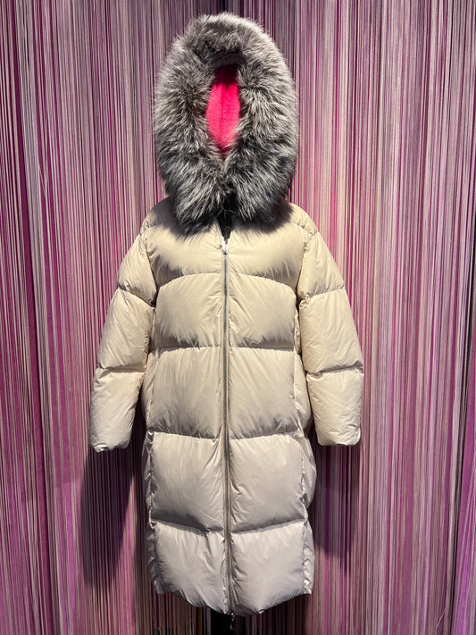 The room piumino lungo piuma d’oca con cappuccio,collo pelliccia rimovibile