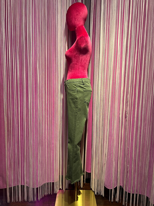 Mon amour Paris pantalone 5 tasche elasticizzato a zampetta, orlo sfrangiato verde militare