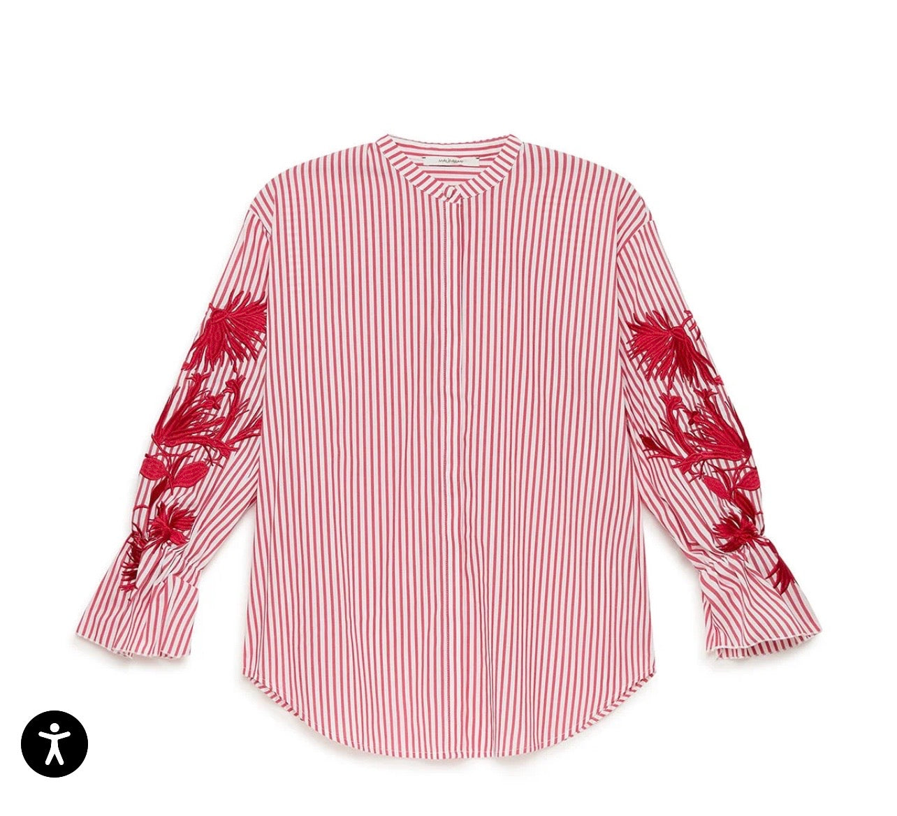 Maliparmi camicia collo guru a righe bianco e rosso maniche con ricamo ramage motivo floreale