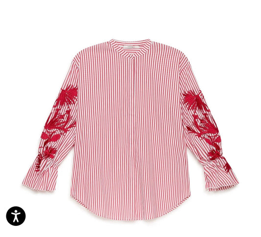 Maliparmi camicia collo guru a righe bianco e rosso maniche con ricamo ramage motivo floreale