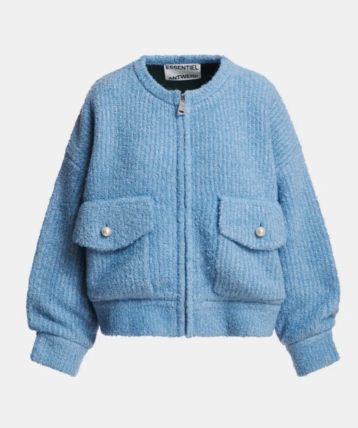 Essentiel antwerp giacca bomber in tessuto boucle’ azzurro chiaro collo removibile in ecopelliccia verde scuro