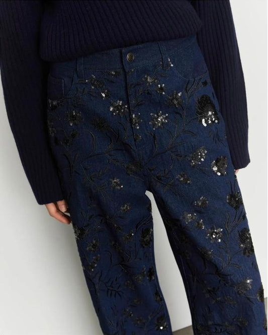 Isabelle Blanche Paris pantalone jeans denim con ricamo sul davanti