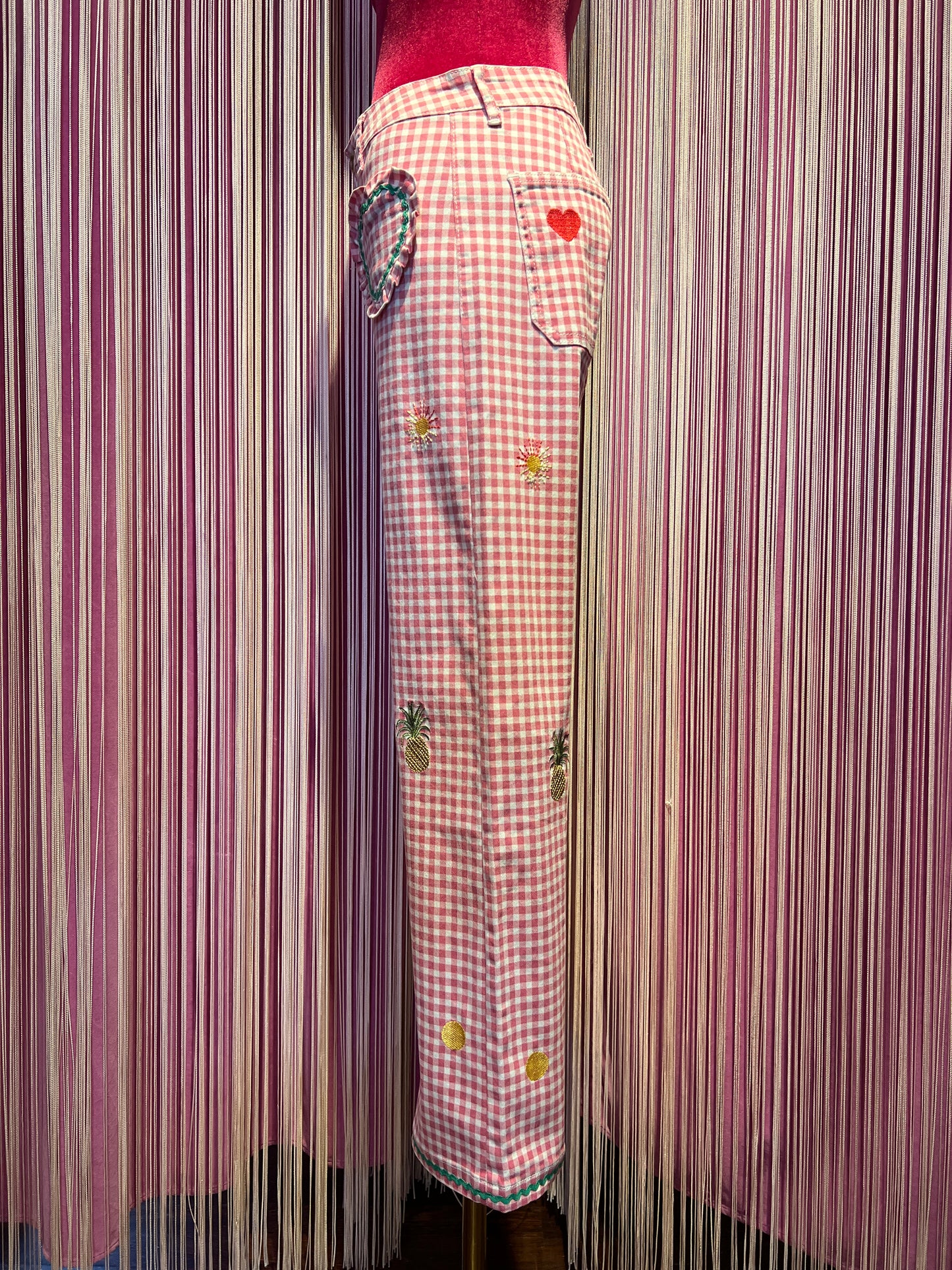 Love & roses pantalone a quadretti rosa e bianco tasche a cuore