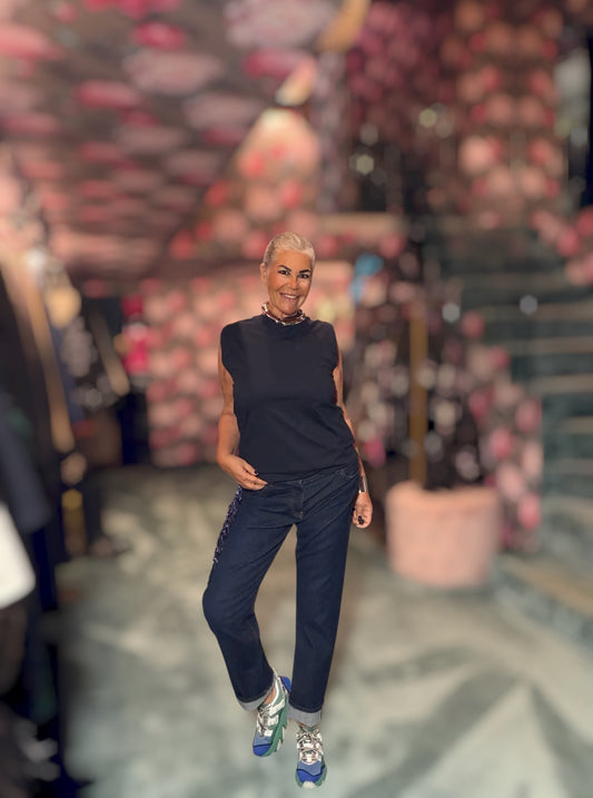 Circus Hotel  jeans denim blu scuro , vita normale, dettaglio frange gioiello