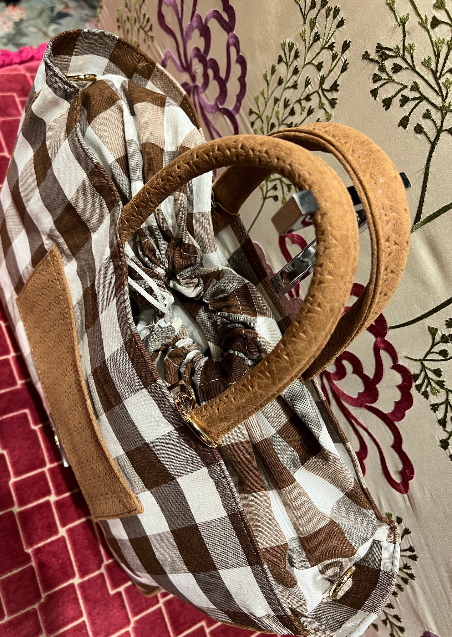 La Milanesa borsa in tessuto a quadri marrone manici ecosuede Mimosa