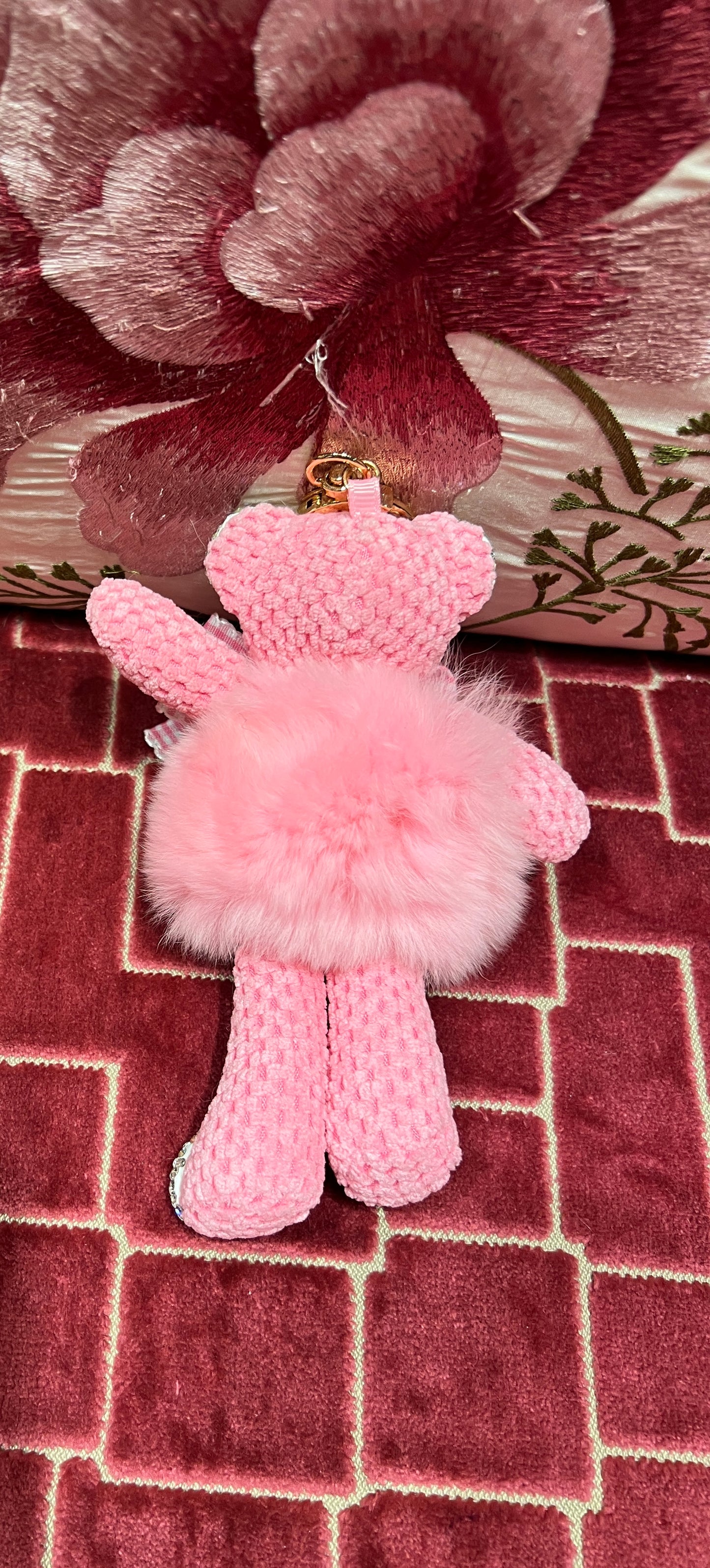 Charms/portachiavi orsetto rosa con strass e ecopelliccia rosa