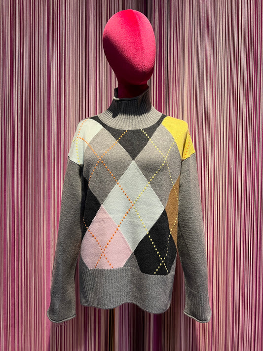 Sincere Paris maglia collo lupetto grigia  fantasia rombi