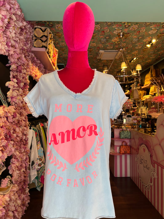 Mon amour Paris -20% dí sconto t shirt celeste cuore e scritta more amor por favor fucsia