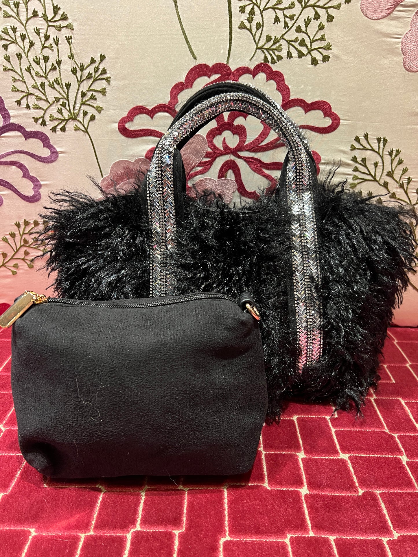 Borsa ecopelliccia nera piccola due manici Swarovski pochette e tracollina